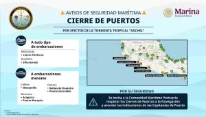 Marina cierra puertos a la navegación en Guerrero y Michoacán ante la presencia de la tormenta tropical “Rachel”